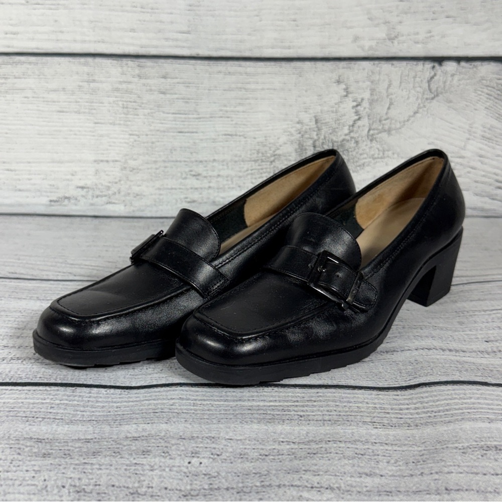 Authentic Y2K NWOT Ferragamo Black Leather Block Heel Buckle Loafers Sz 5